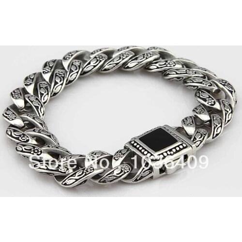 Mens 316L Stainless Steel Vintage bracelet with Onyx stone Biker chain