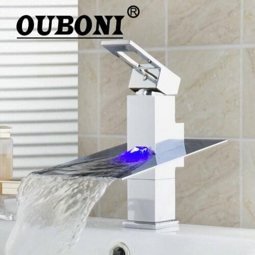OUBONI Bathroom Faucet Basin Sink Mixer Tap Deck Mounted LED With 3 Color Basin Sink Faucet Single Handle Chrome Faucet Mixer