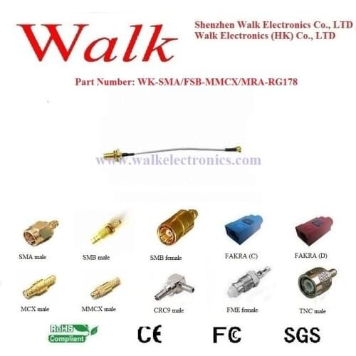 RF cable assembly: SMA female straight bulkhead to MMCX male right angle with RG178 cable
