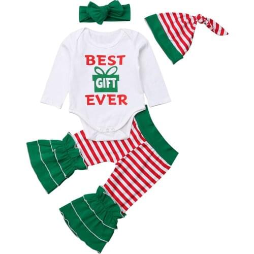 4PCS Newborn Infant Baby Girls Christmas Romper Bodysuit+Striped Long Flare Pants+Hat+Headband Outfits Xmas Clothes Set 0-18M