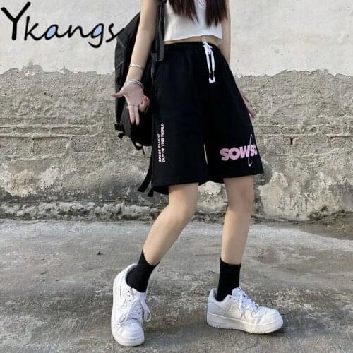 Letter Cartoon Print Korean Style Clothes Shorts Women High Waist Summer 2021 Goth Black Running Biker Shorts with Pocket Female
