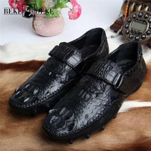 Crocodile Genuine Leather Shoes Men Luxury Black Business Casual Flat Shoes Loafers Brand Comfortable Breathable Driving Shoes