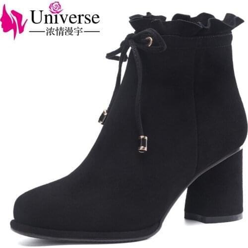 Universe elegant suede leather women winter ankle boots comfy chunky heel ladies shoes ruffles and lace up decorated G290