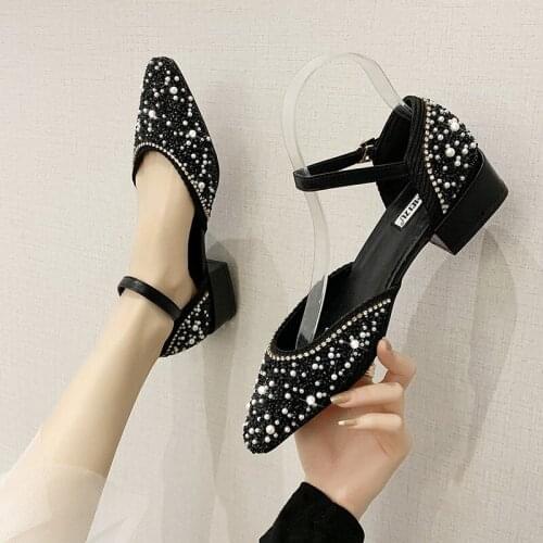 Single-Layer Shoes Women 's 2021 New Spring and Autumn All -Matching Sequined Pearl Word Buckled Chunky Heel Sandals Gentle Fair