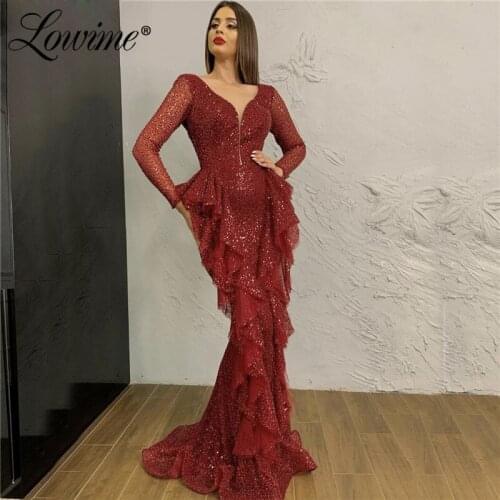 Beaded Burgundy Evening Dresses Vestidos Mermaid Dresses Woman Party Night V Neck Prom Dress 2020 Dubai Dress Robe De Soiree