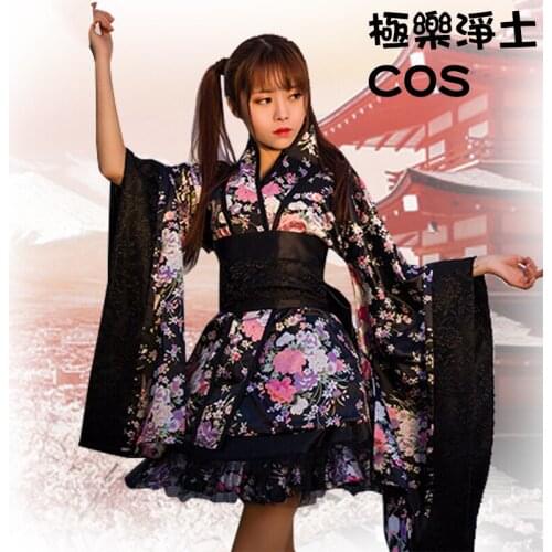 Black Retro Cherry Kimono Japanese Ancient Traditional Clothing Performance Costume Cosplay Dance Costume Women Yukata DQL1878