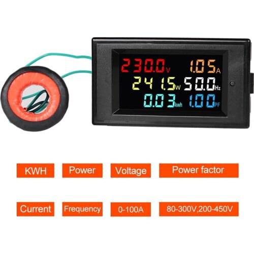 LCD Digital Panel Wattmeter Energy Power Meter Voltage Voltmeter Current Ammeter Frequency Indicator AC 220V 380V 100A