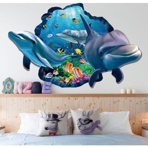 Dophin Fish Under Water Sealife 3d Wall Stickers Living Room Bedroom Decoration Cartoon Animals Mural Art Diy Home Decals