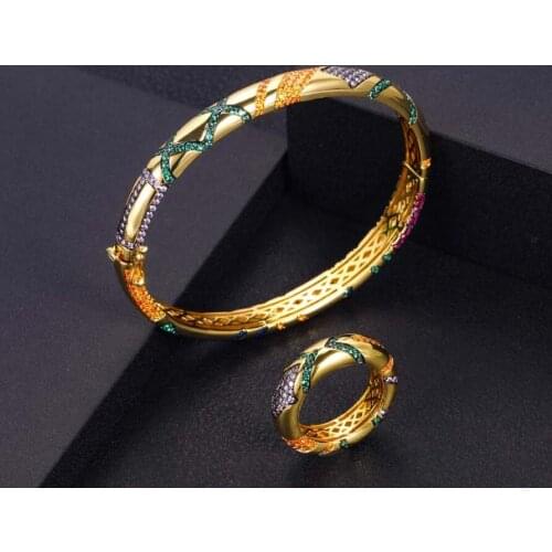 AccKing luxury Unique African Bangle Ring Set Tribe Jewelry Sets For Women Wedding Cubic Zircon Crystal Dubai Gift
