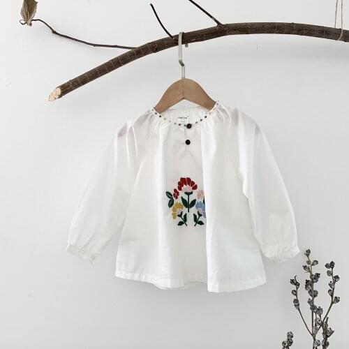 Girls White Blouse With Vintage Emboridery Korean Style Long Sleeve Top Toddler Girl Clothes Autumn Blouses 2-7Y