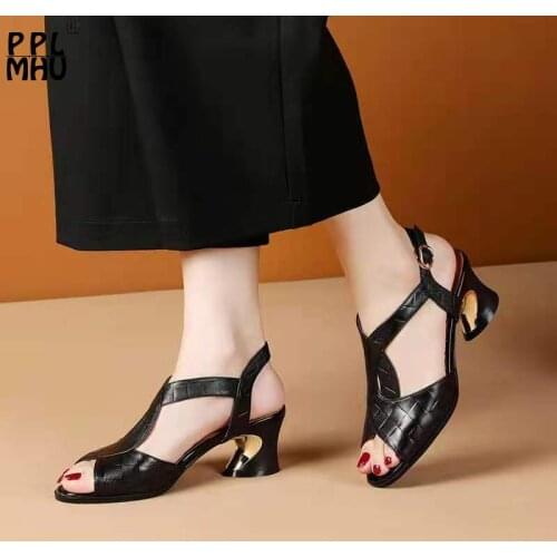 Black Genuine Leather Sandals Women 2021Summer Outside Wear Buckle Strap Hoof Heels British Style Hollow Open Toes Office Shoes
