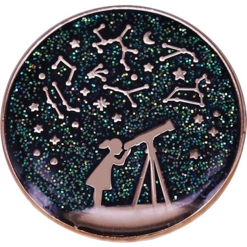 Stargazing Girl Glitter The Starry Night Brooch Pins Enamel Metal Badges Lapel Pin Brooches Jackets Jeans Fashion Accessories