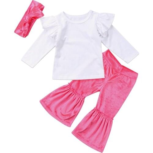 Citgeett Sweet Newborn Baby Kids Girls Long Flying Sleeves White Clothes Casual Tops Pink Flare Pant Outfit Fashion Set SS