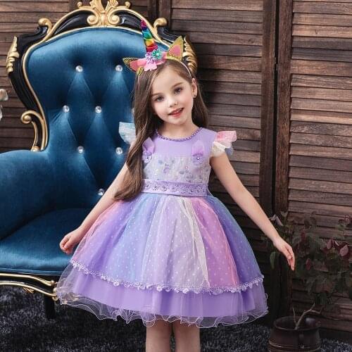 Kids dresses for girls Flower embroidery Beaded Unicorn Headwear Girls Dresses for Children Princess Baby Girl Party Dress