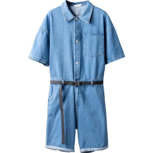 Summer Shorts Overalls Men Denim Jumpsuit Solid Color Lapel Short Sleeve Hip-Hop Streetwear Casual Jeans Fashion Blue Pants