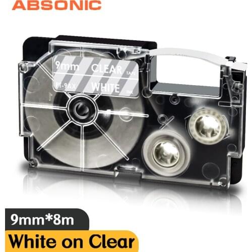 Absonic 9mm Label Maker XR-9AX White on Clear for Casio XR9WE Label Tape Compatible for Casio KL-60 KL-120 KL-100 KL-200 Labeler