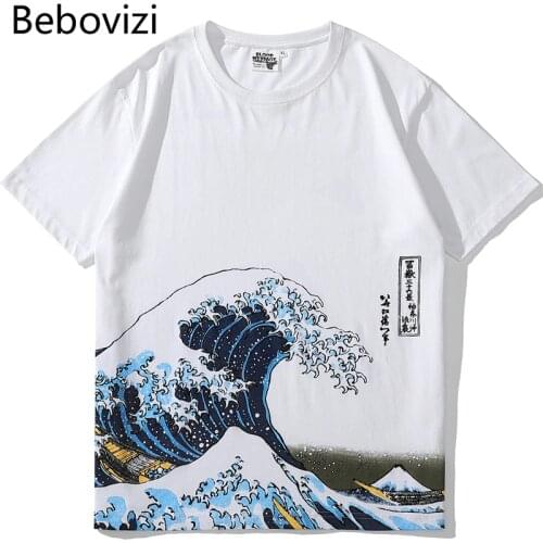 Bebovizi Japanese Wave of Kanagawa Print T-Shirt Harajuku White T Shirt Men Streetwear Style Tops Tees Cotton Tshirt Clothing