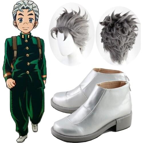 JOJOs Bizarre Adventure Koichi Hirose Gray Short Cosplay shoes Boots Heat Resistant Synthetic Hair wigs Carnival Halloween Suit