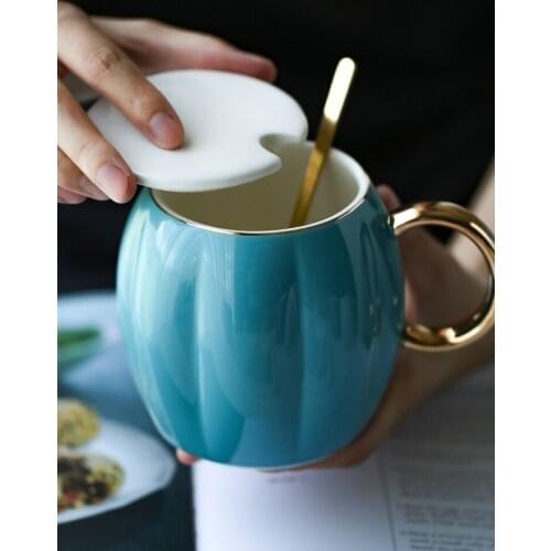 Creative Personality Pumpkin Mug Ceramic Mug with Lid Spoon Macaroon Lovers Cup Large Capacity Men and Women Cups