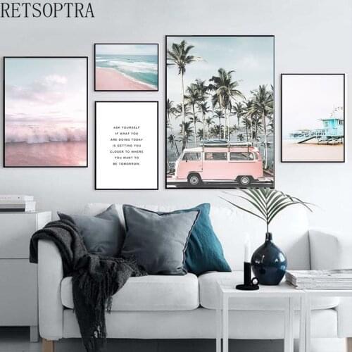 Summer Seascape Wall Art Poster and Print Nordic Style Canvas Picture Pink Bus Ocean Beach Palm Tree Landscape for Bedroom Decor