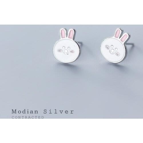 MODIAN Fashion Animal Stud Earring for Women Pure 925 Sterling Silver Enamel Lovely Rabbit Face Ear Pin Fine Jewelry Kids Gift