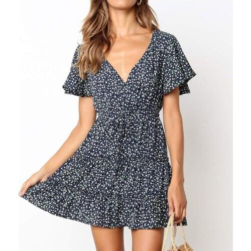 2020 Fashion Women Polka Dot Boho Ruffle Mini Dress Knot V Neck Party Summer Beach Dresses Women Dresses vestidos en