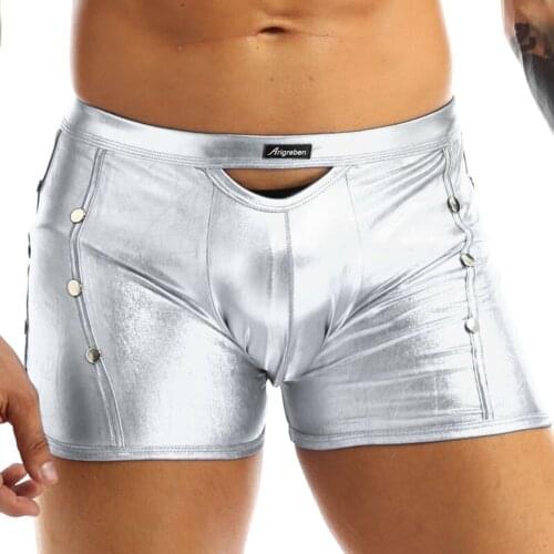 Sex U Boxer Shorts Men Hollow Out Underwear Underpants Man Imitation Faux Leather Panties Lingerie Clothing Stage Clubwear A50
