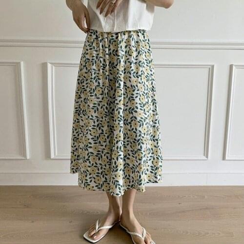Solid Color Half Length Elastic Floral Print Skirt Womens 2021 New Summer High Waist Elegant A-line Skirt