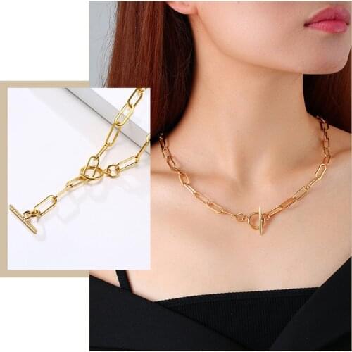 Chic Rectangle Chain Necklaces for Women,Gold Tone Stainless Steel Paperclip Link Choker with Toggle Clasp, Party Gifts for Her