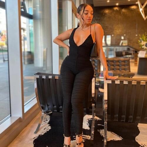 Sexy Womens Deep V Neck Ruched Sleeveless Black Jumpsuit Casual Bodycon Romper 2021 Summer Elegant Beach Party Club Clothing