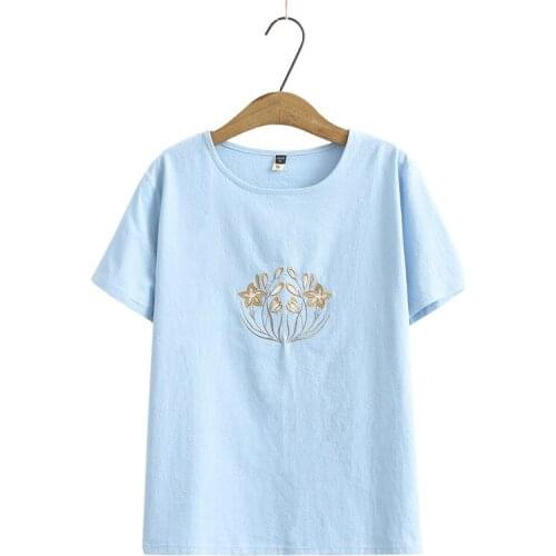 Plus Size Womens A-line Cotton Tshirts Short Sleeve Floral Embroidery Tops Oversized Summer Tee