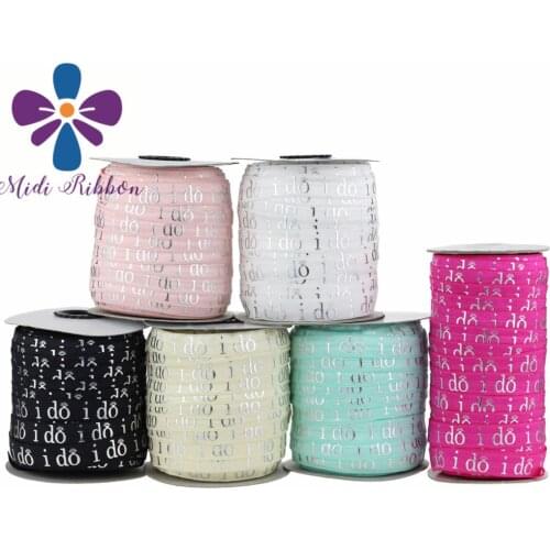 5/8"16mm "I Do" Patterns Silver Foil Printed Fold Over Elastic Ribbon 50yards/roll Hair Band Making DIY Gift Packing Stuffs