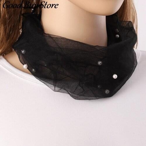 Chiffon Collar Tie Scarves Lady Party Hankie Pearl Decoration Rings Scarf Women Mesh Neckerchief Transparent Necklace Scarf