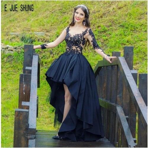 E JUE SHUNG Fashion Black Wedding Dresses Long Sleeves Jewel Neck Appliques Button Back High Low Wedding Gowns Vestido de noiva