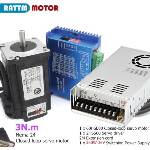 Closed loop Servo Motor kit Nema 24 5A 2-Phase 3N.m & 2HSS60 Hybrid Step-servo Driver with 350W 36V Switching Power Supply
