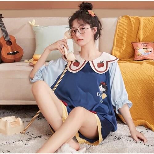 Womens Home Clothes Blue Print Ice Silk Pajamas With Shorts Cartoon Bow Sleepwear Loose Thin Sleep Sets Outfits Summer