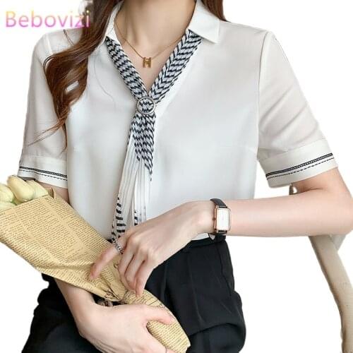 S-XXL White Korean Fashion Bow Tie Chiffon Summer Button Up Casual Puff Sleeve Shirts Tops for Women Office Lady Work Clothes