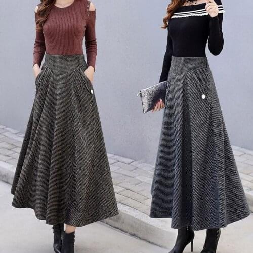 Women 2020 Autumn Winter Vintage Plaid Woolen Long Skiit Female Elegant Pleated A-Line Skirt New Ladies Saias Wool Skirts S276