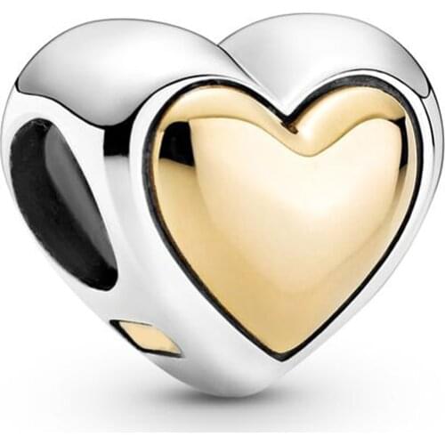 Authentic 925 Sterling Silver Bead Domed Golden Heart Charm Fit Fashion Women Pandora Bracelet Bangle Gift DIY Jewelry