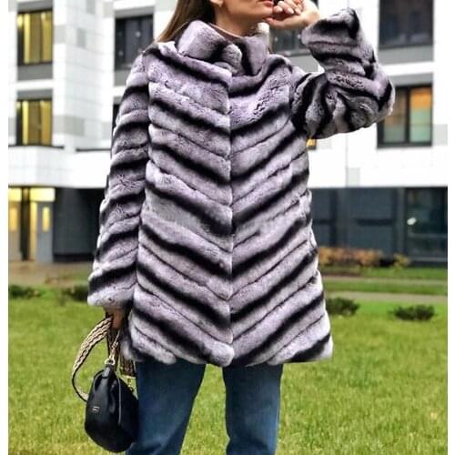Women real rex rabbit fur coat Chinchilla color with stripe warm winter 2019 classic furry soft fluffy