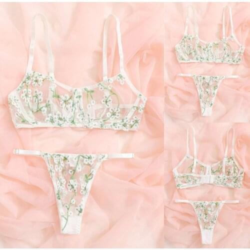 Female Underwear Floral Embroidery Women Sexy Erotic Mesh See Through Lingerie Set Bra+thong Underwear Set White Sleepwear