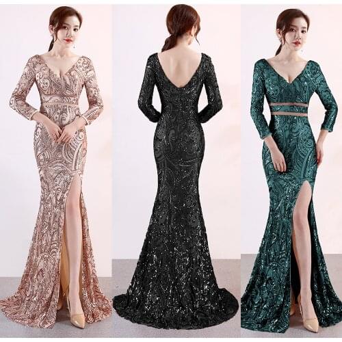 Sexy Backless V-Neck Long-Sleeve Evening Dress Split Floor-Length Formal Occastion Women Vestidoes Sequin Embroider Party Robes