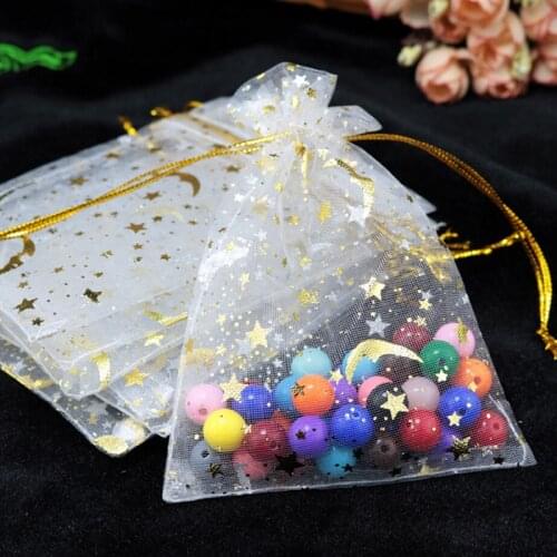 100pcs Organza Moon Star Stretchable Bags Gift Packaging Drawstring Bags Jewelry Mesh Gift Pouches Container