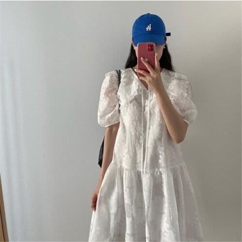 White Lace Round Neck Water Soluble Flower Stitching Flower Collar Dress