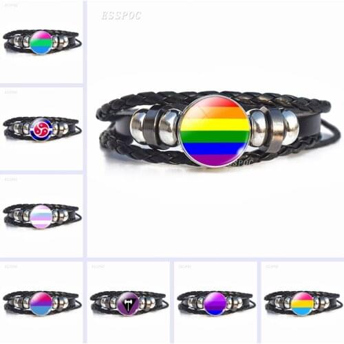 Black Charm Bracelet Rainbow Flag Intersex Polysexual Leather Bracelet Glass Dome Jewelry Lesbian Gay Pride Bangle Speical Gifts