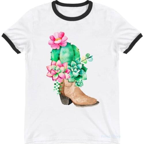 Funny High Heel Shoe Cactus Print T-Shirt Women Clothes 2021 Watercolor Flowers Tshirt Femme Harajuku Shirt Summer Tops Tee