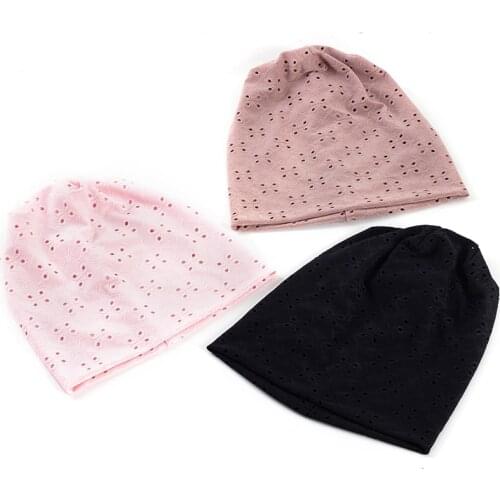 Geebro New Summer Hollow Design Breathable Women Beanie Soild Color Dot Hollow Hat For Female Plain Cap