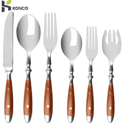 Classic Steak Knives Fork Spoon Dinnerware Stainless Steel Tableware Wood Handle Laguiole Style Teaspoon Cutleries
