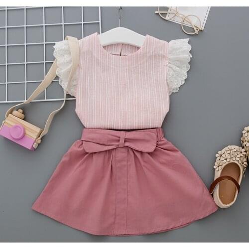 Girls' suit 2020 summer new fashion striped halter lace top + skirt 2-piece childrens clothing