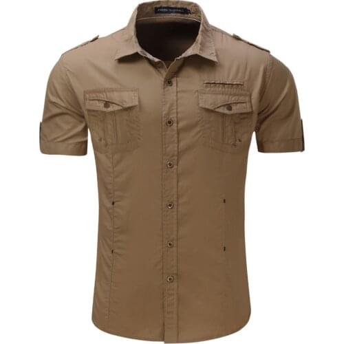 Summer Men Short Sleeve Cotton Breathable Cardigan Lapel Cargo Shirt Outdoor Sport Hiking Climbing Military Tactical Shirts Tops